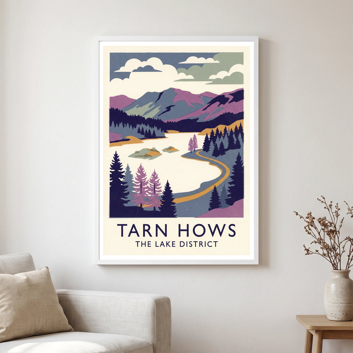 Tarn Hows travel poster in a white frame, hanging in a living2