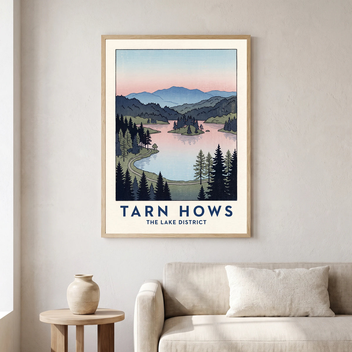 Tarn Hows travel poster in a natural frame, hanging in a living