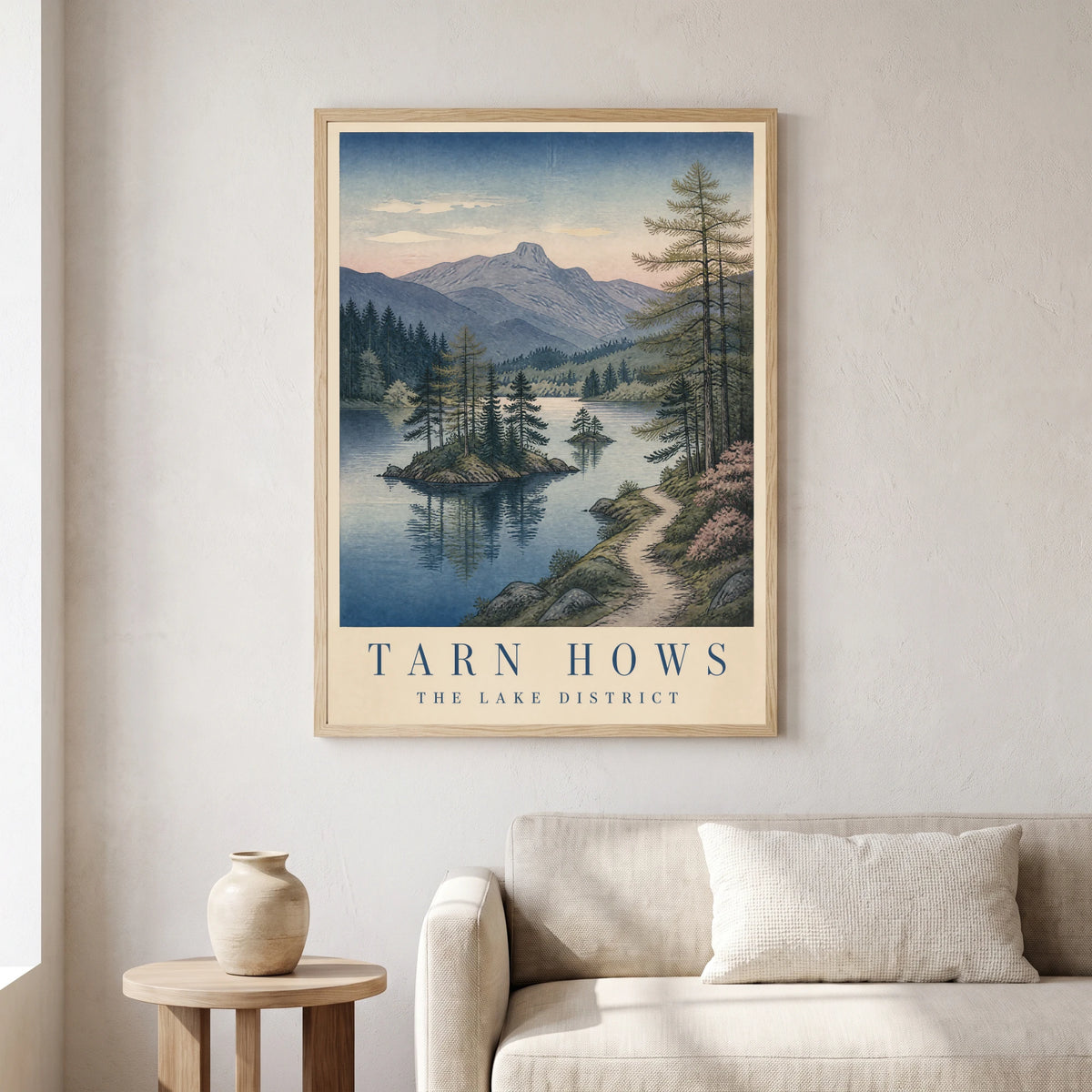 Tarn Hows travel poster in a natural frame, hanging in a living