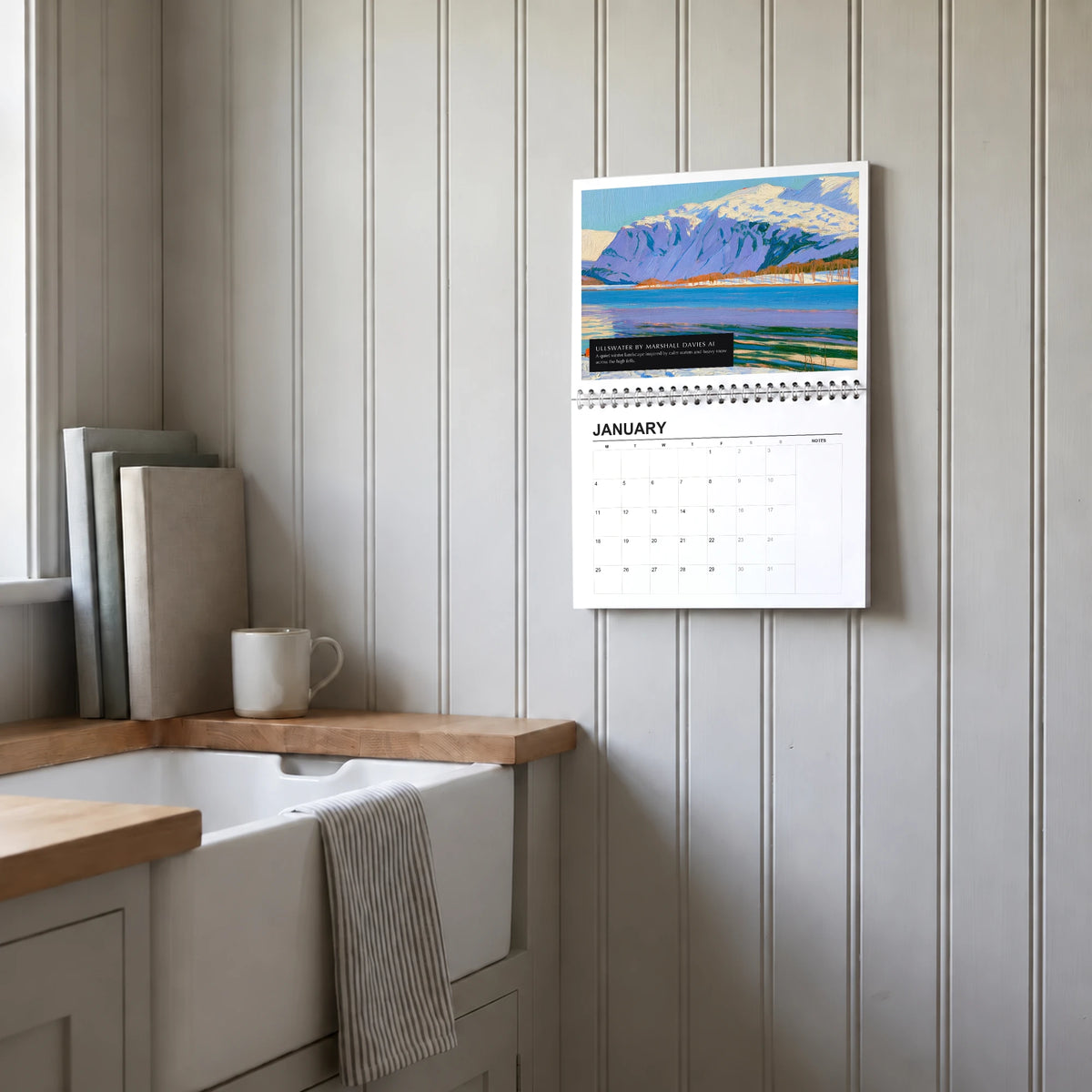 Ullswater 2027 wall calendar hanging in a utility room