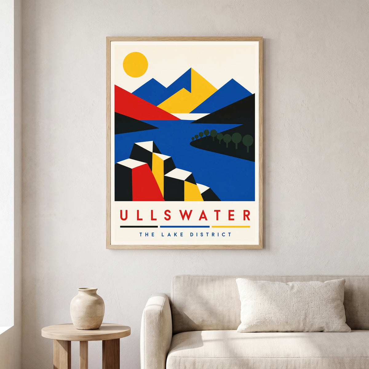 Ullswater travel poster in a natural frame, hanging in a living