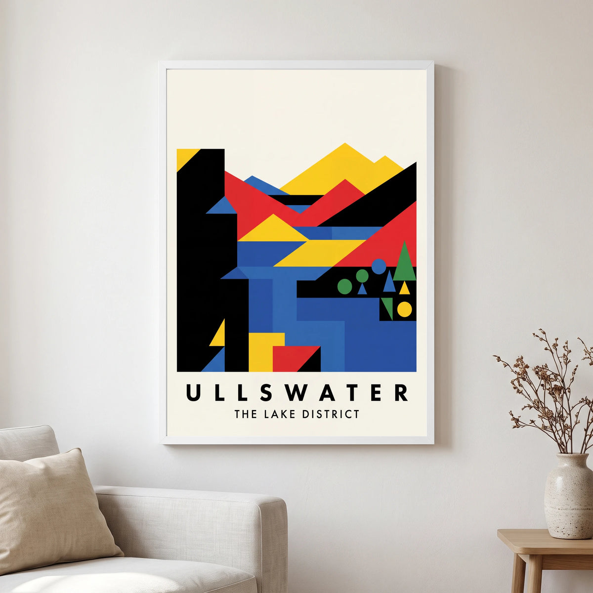 Ullswater travel poster in a white frame, hanging in a living2