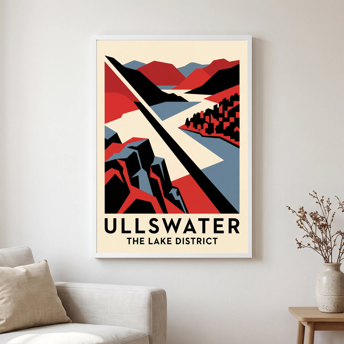 Ullswater travel poster in a white frame, hanging in a living2