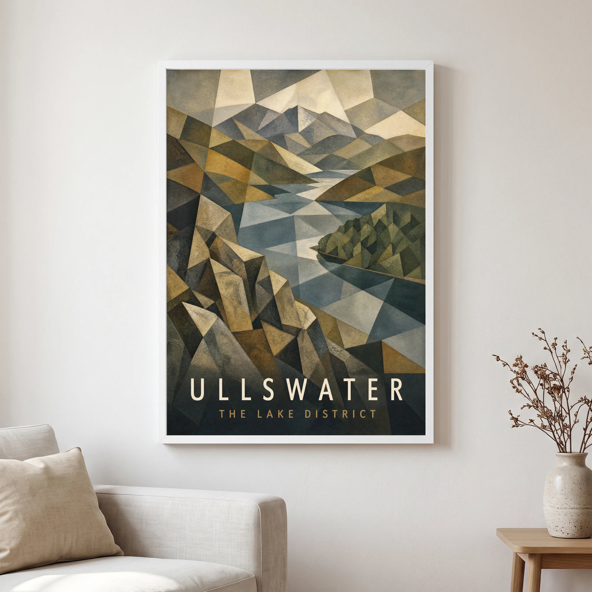 Ullswater travel poster in a white frame, hanging in a living2