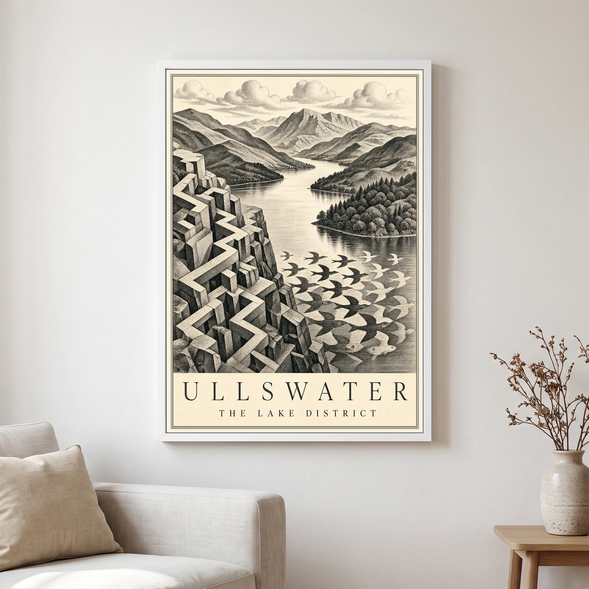 Ullswater travel poster in a white frame, hanging in a living2