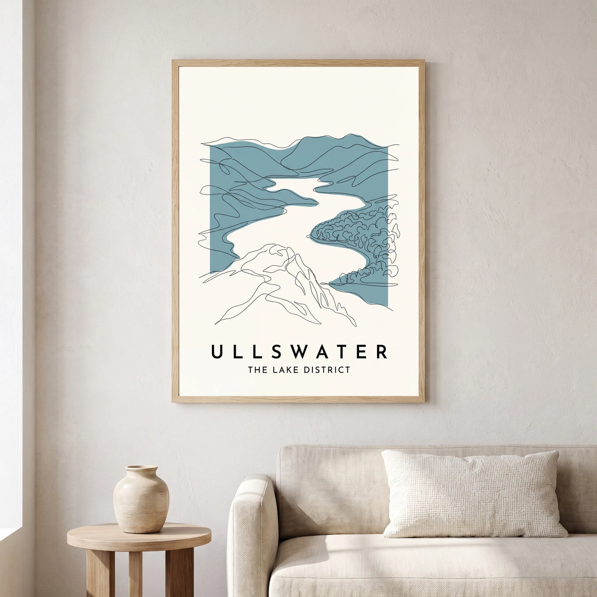 Ullswater travel poster in a natural frame, hanging in a living