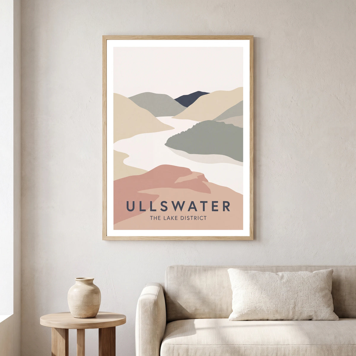 Ullswater travel poster in a natural frame, hanging in a living