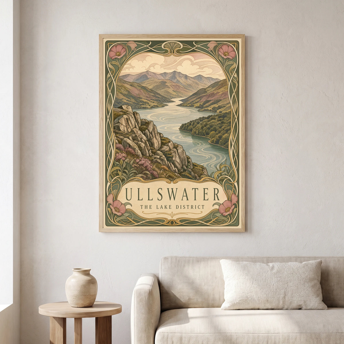Ullswater travel poster in a natural frame, hanging in a living