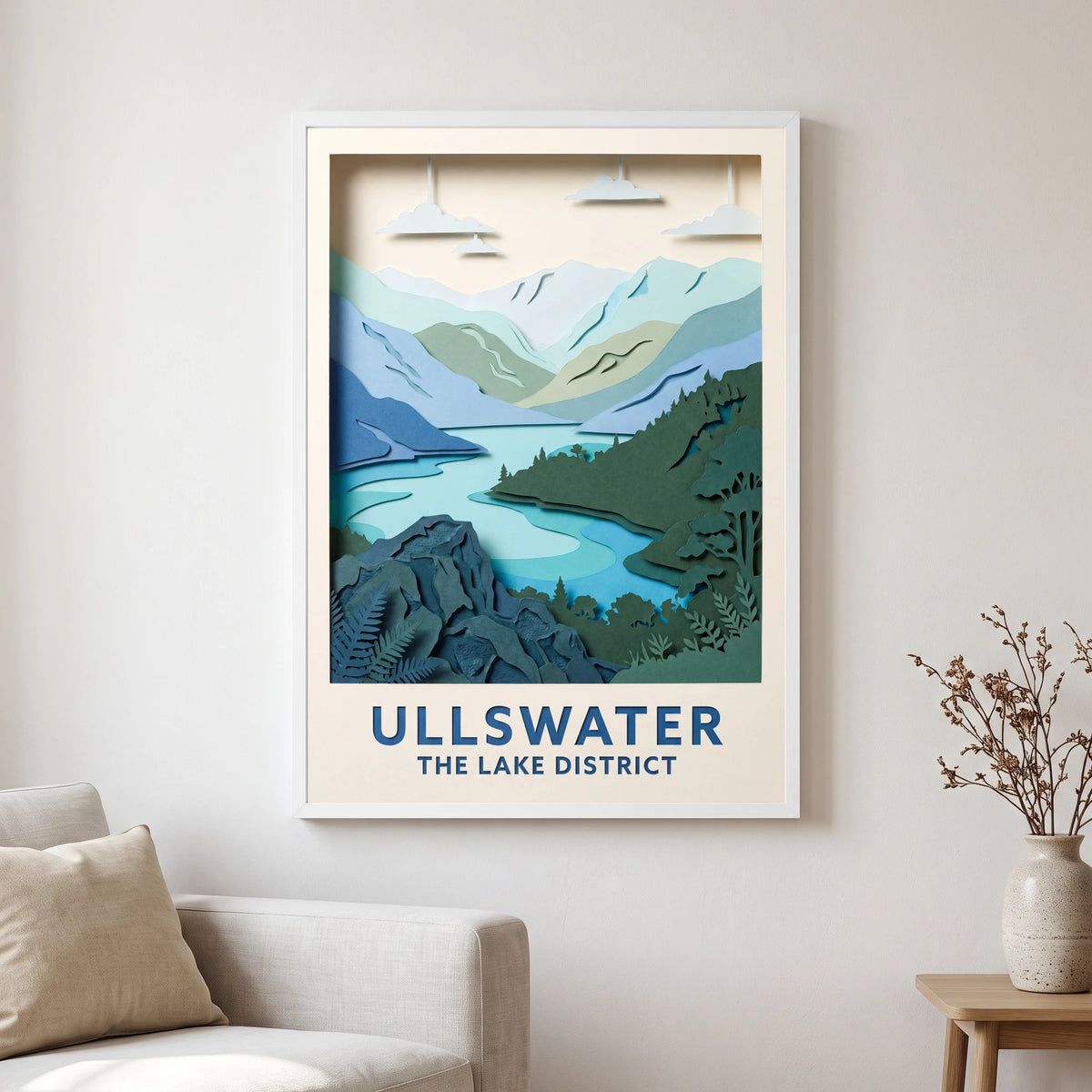 Ullswater travel poster in a white frame, hanging in a living2