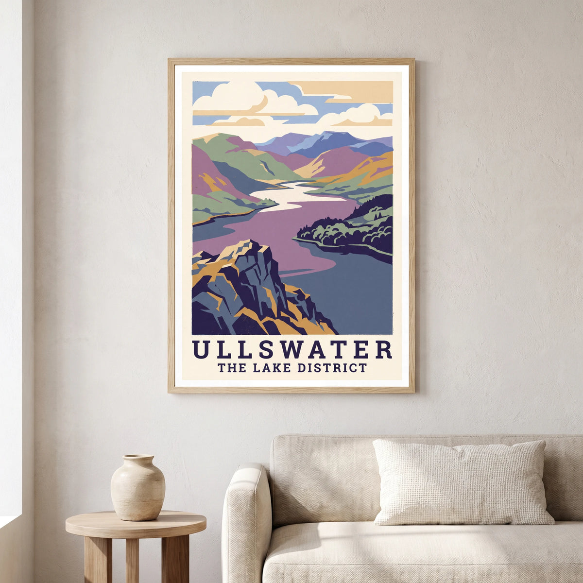 Ullswater travel poster in a natural frame, hanging in a living