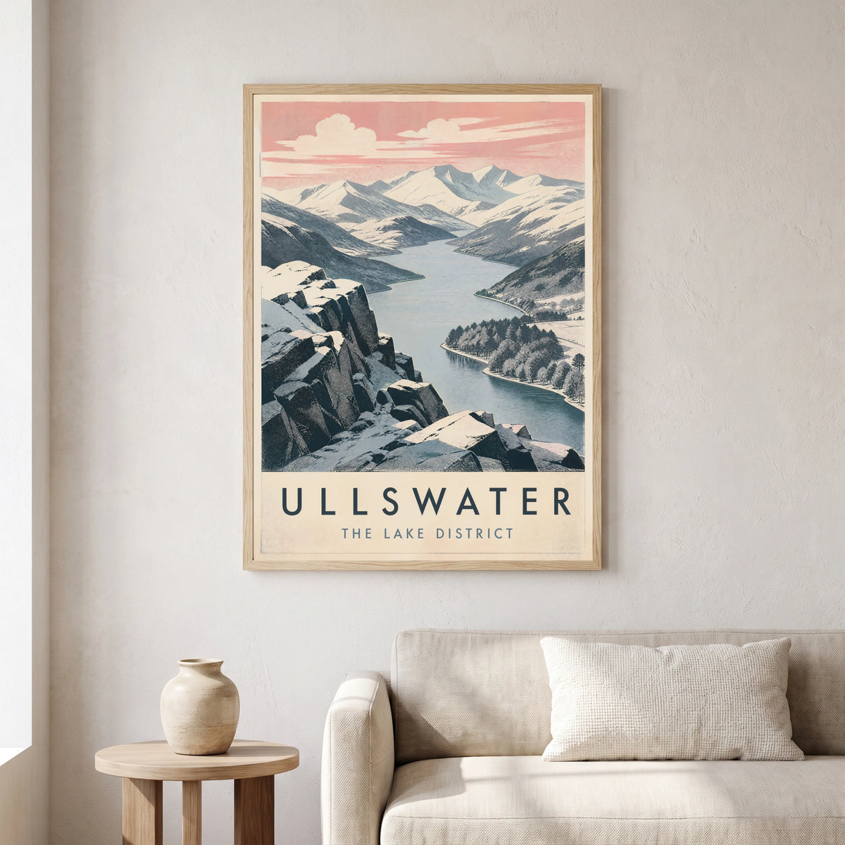 Ullswater travel poster in a natural frame, hanging in a living