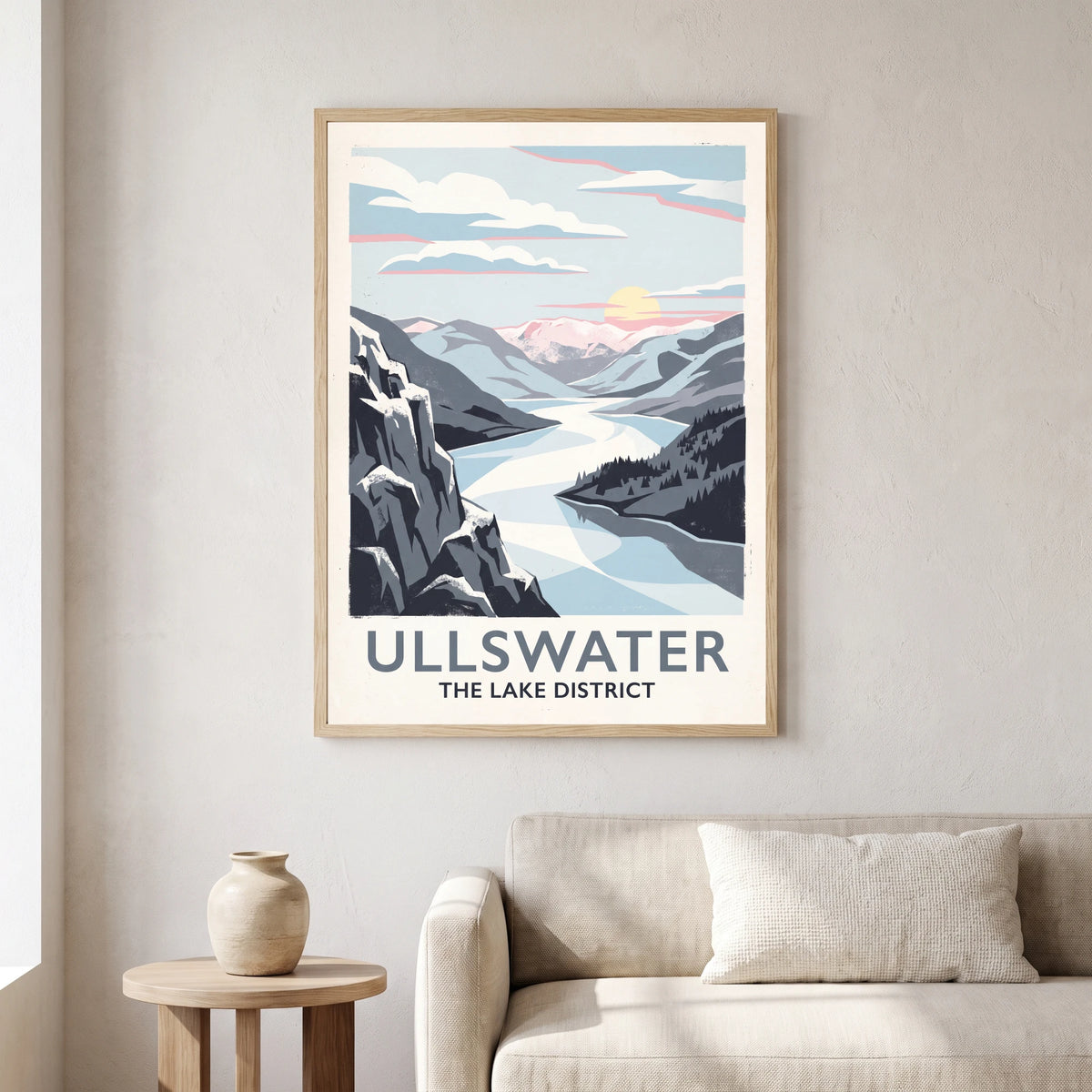 Ullswater travel poster in a natural frame, hanging in a living