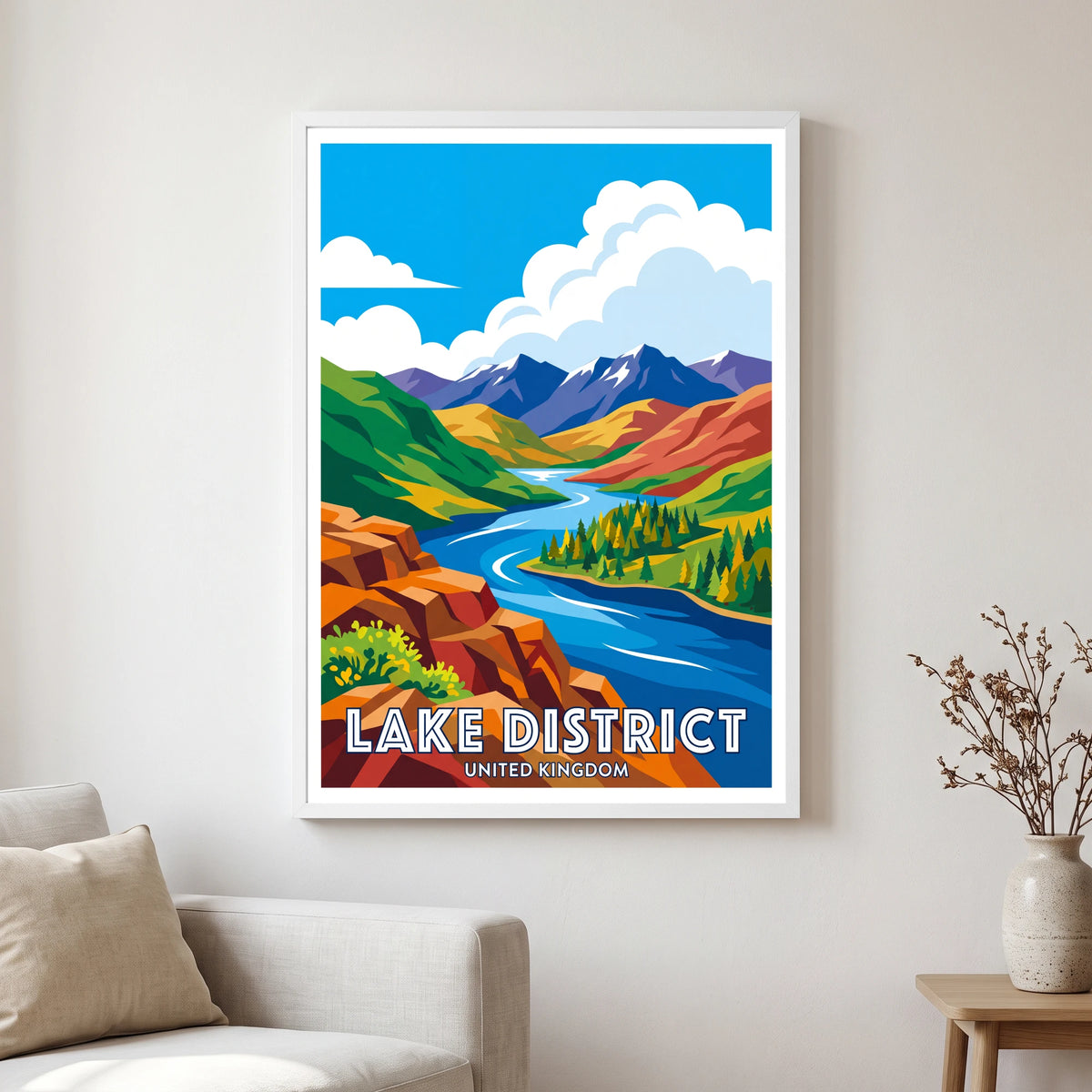 Ullswater travel poster in a white frame, hanging in a living2
