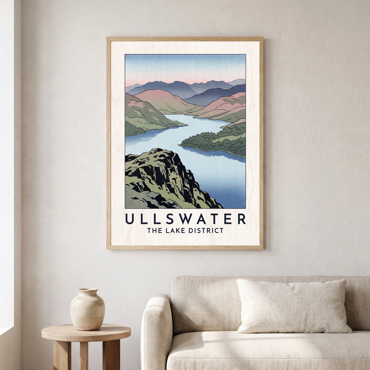 Ullswater travel poster in a natural frame, hanging in a living