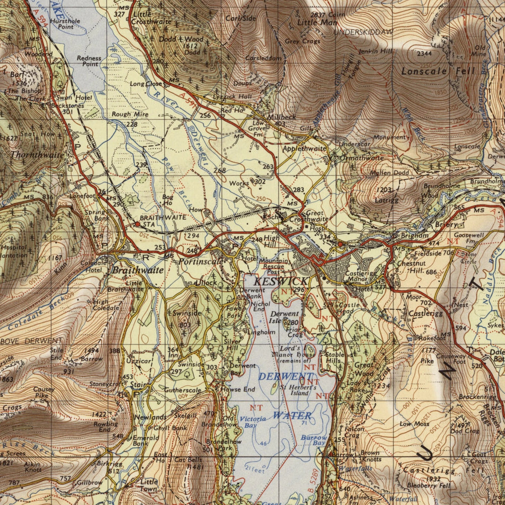 Old Map of the Lake District by Ordnance Survey, 1966 – Scafell Pike, Windermere & Keswick: close-up of the printed map at full size