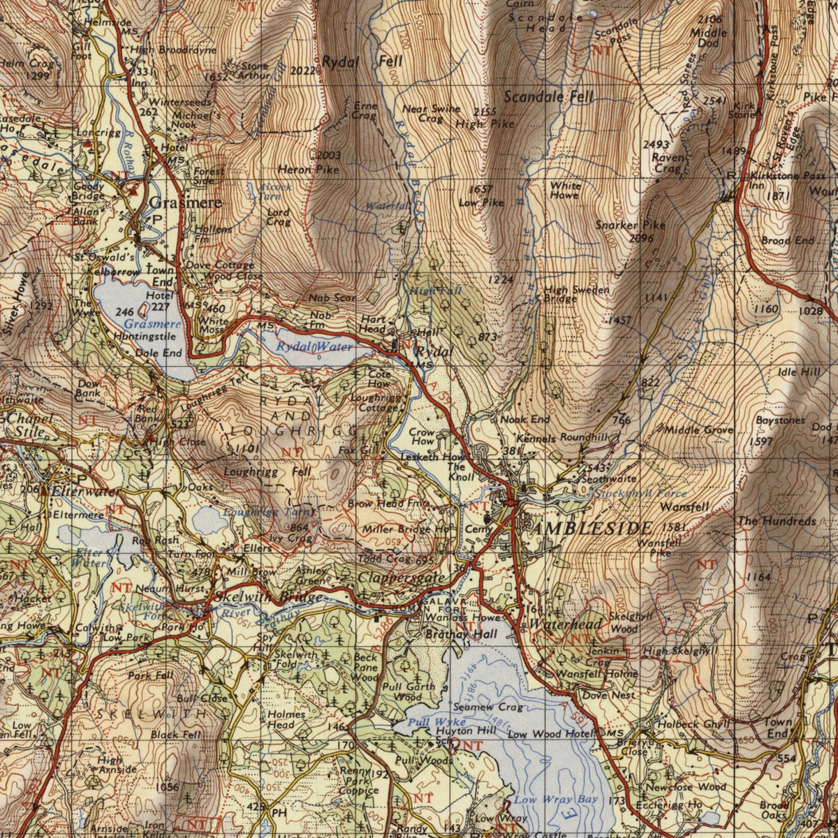 Old Map of the Lake District by Ordnance Survey, 1966 – Scafell Pike, Windermere & Keswick: close-up of the printed map at full size