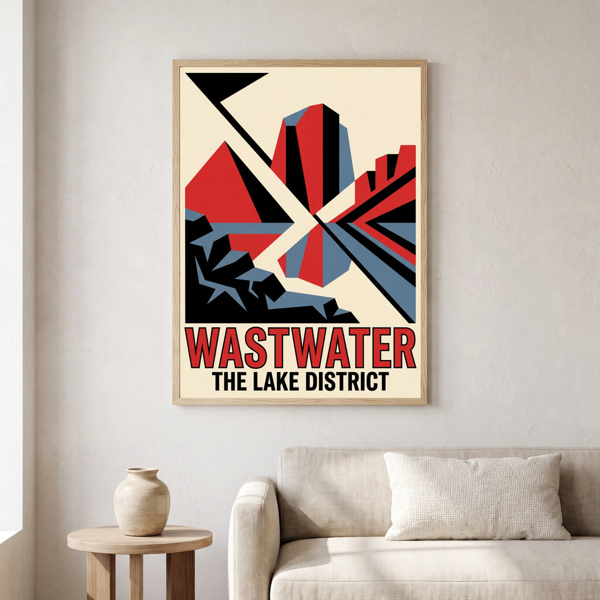 Wastwater travel poster in a natural frame, hanging in a living