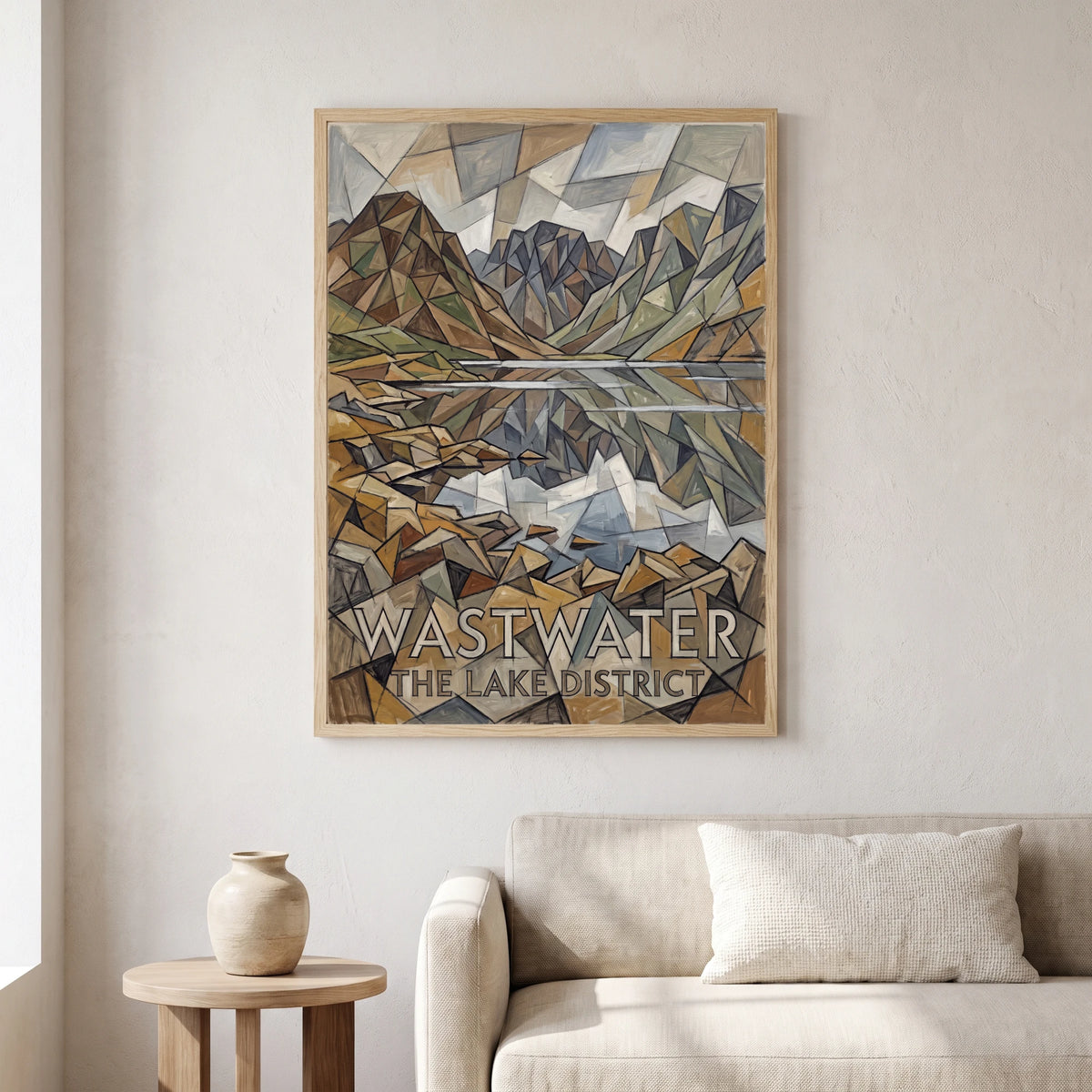 Wastwater travel poster in a natural frame, hanging in a living
