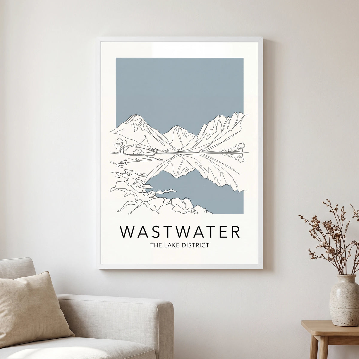 Wastwater travel poster in a white frame, hanging in a living2