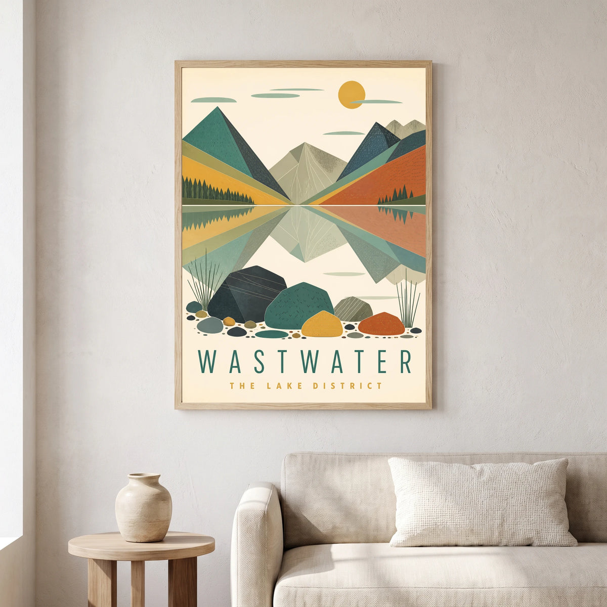 Wastwater travel poster in a natural frame, hanging in a living