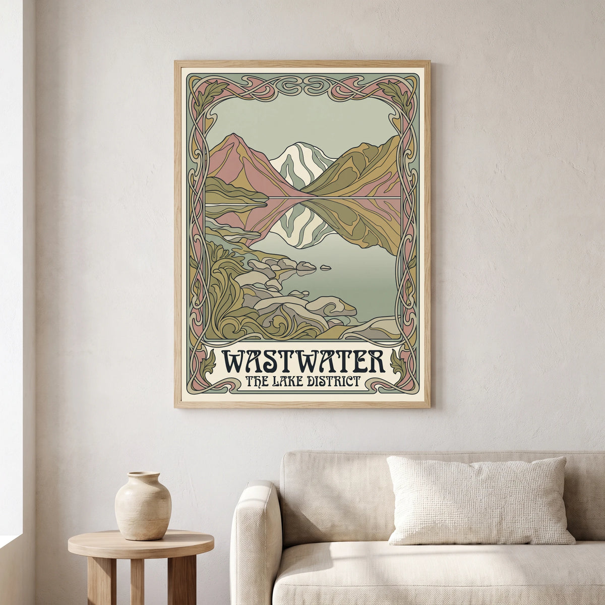 Wastwater travel poster in a natural frame, hanging in a living