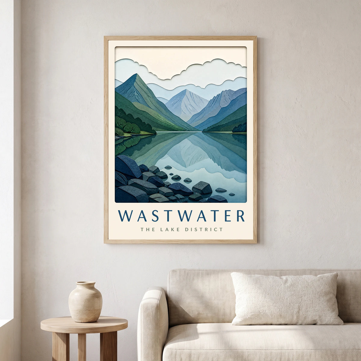 Wastwater travel poster in a natural frame, hanging in a living