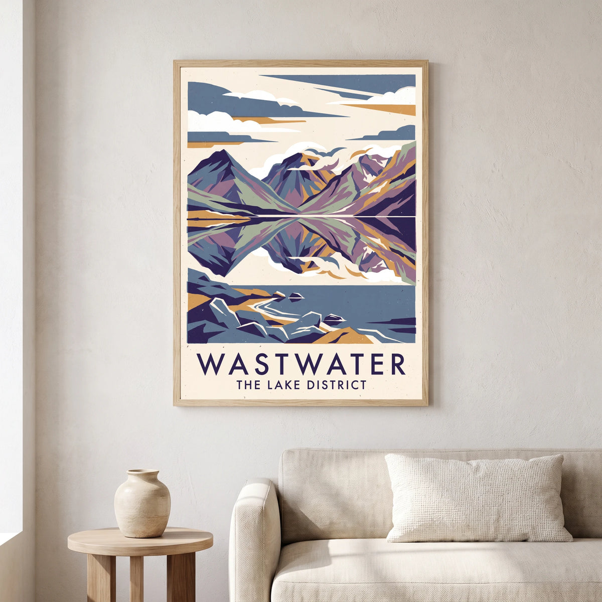 Wastwater travel poster in a natural frame, hanging in a living