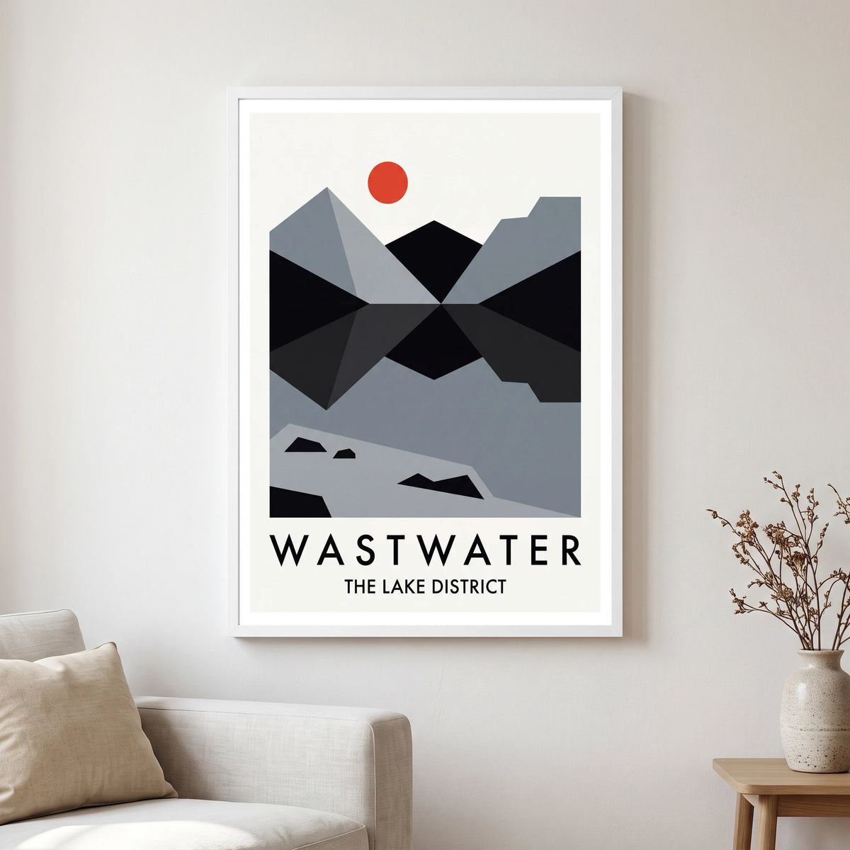 Wastwater travel poster in a white frame, hanging in a living2