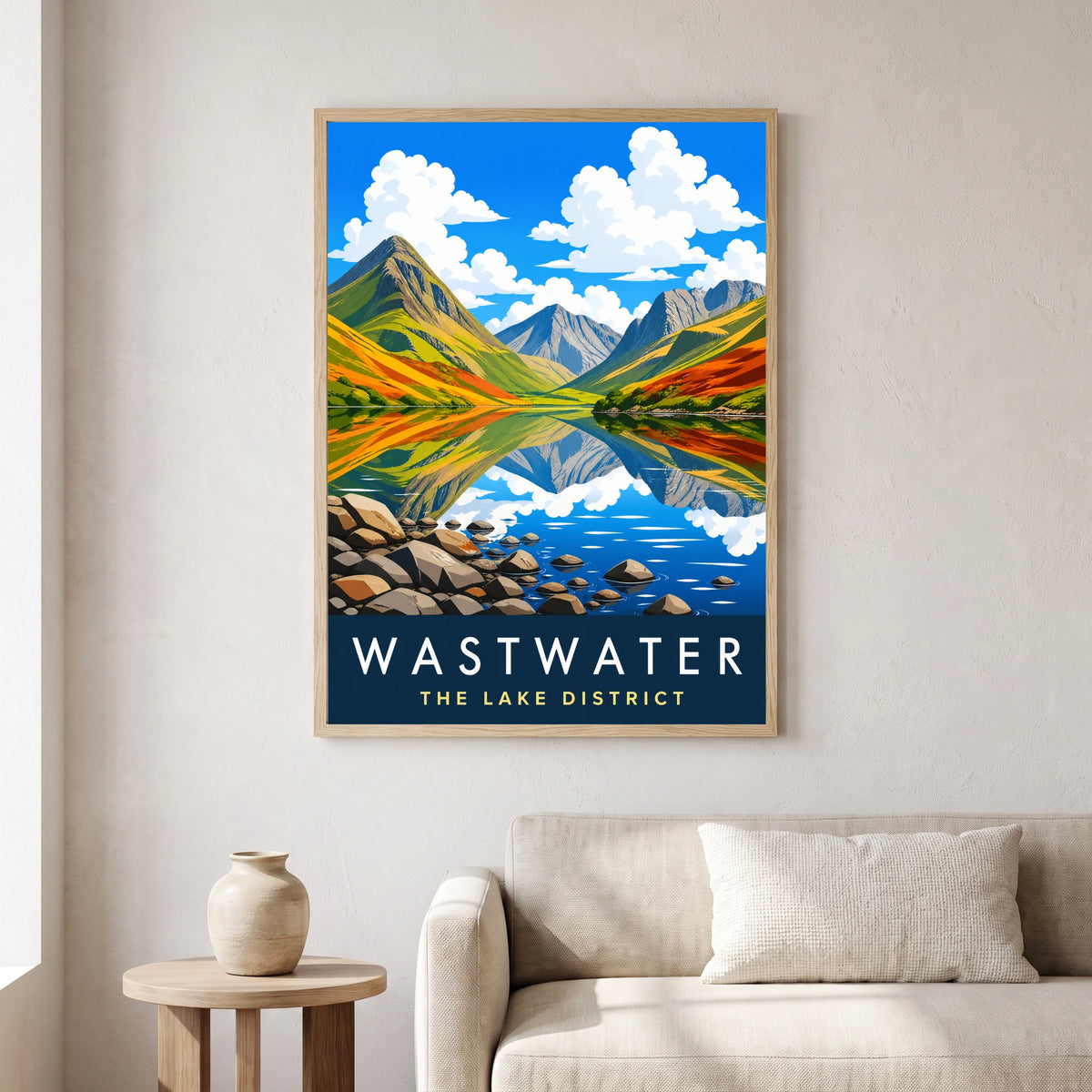 Wastwater travel poster in a natural frame, hanging in a living