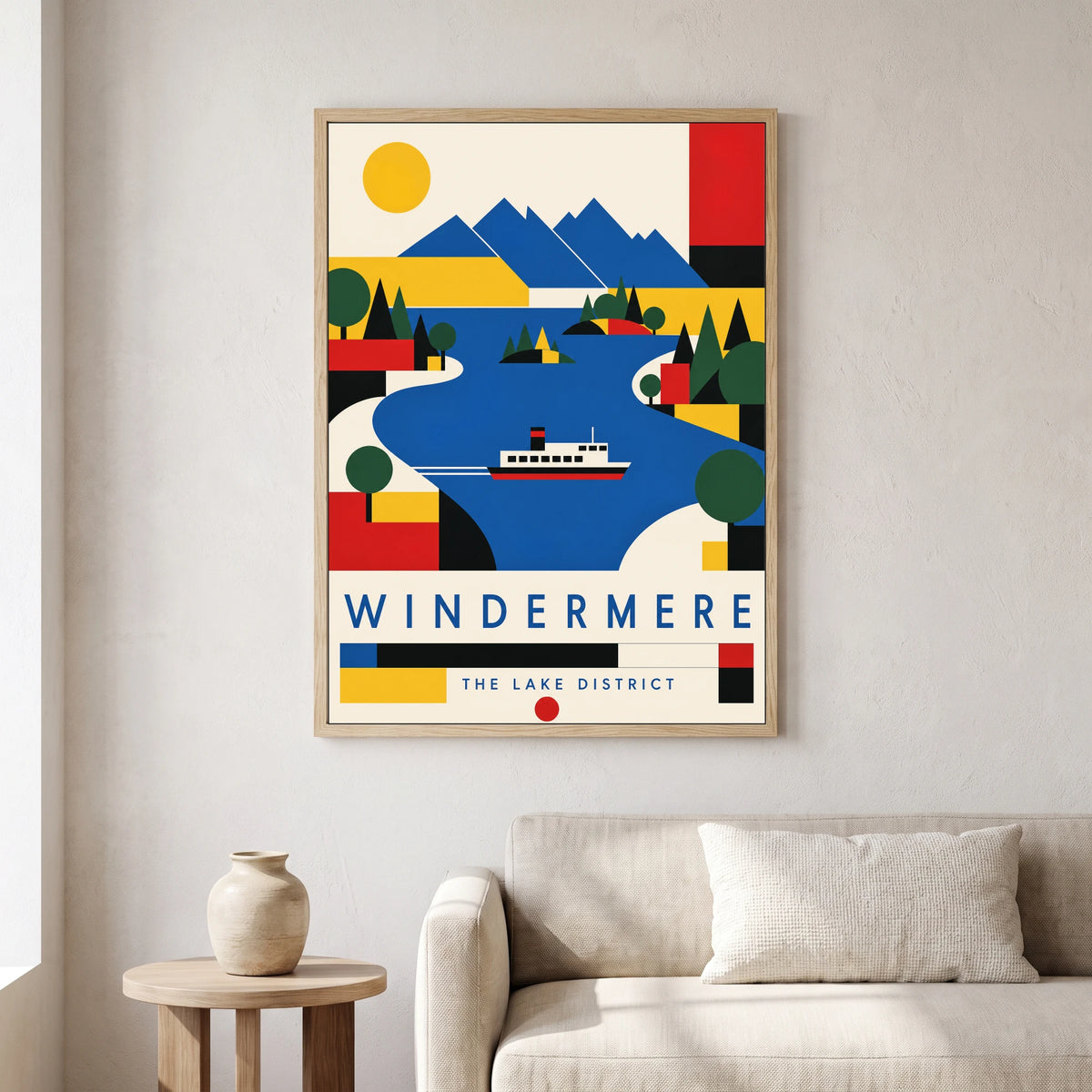 Windermere travel poster in a natural frame, hanging in a living