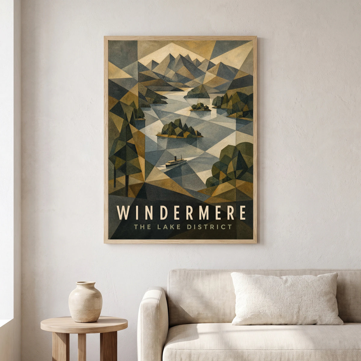 Windermere travel poster in a natural frame, hanging in a living
