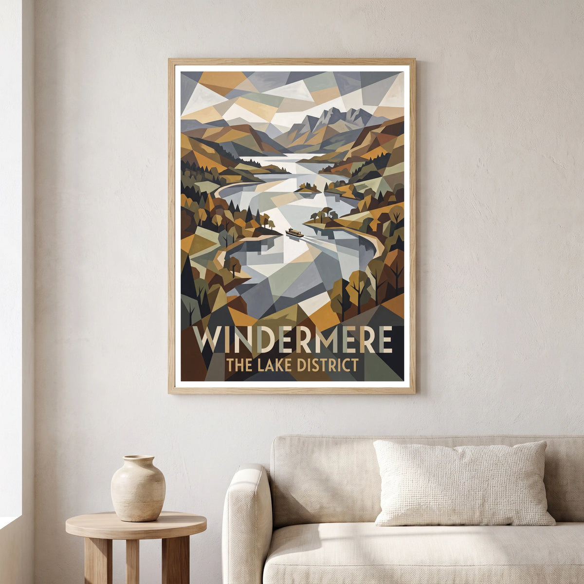 Windermere travel poster in a natural frame, hanging in a living