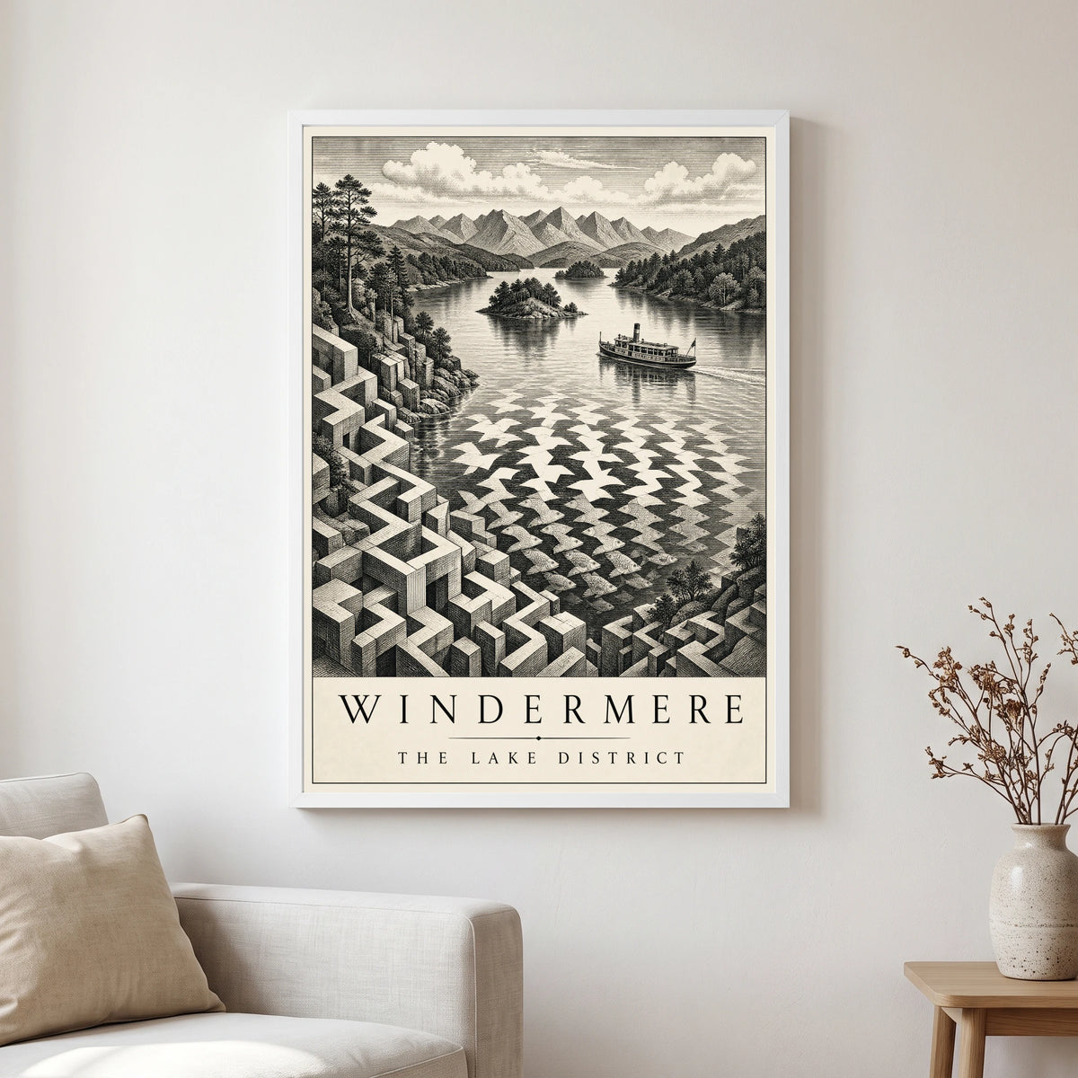 Windermere travel poster in a white frame, hanging in a living2