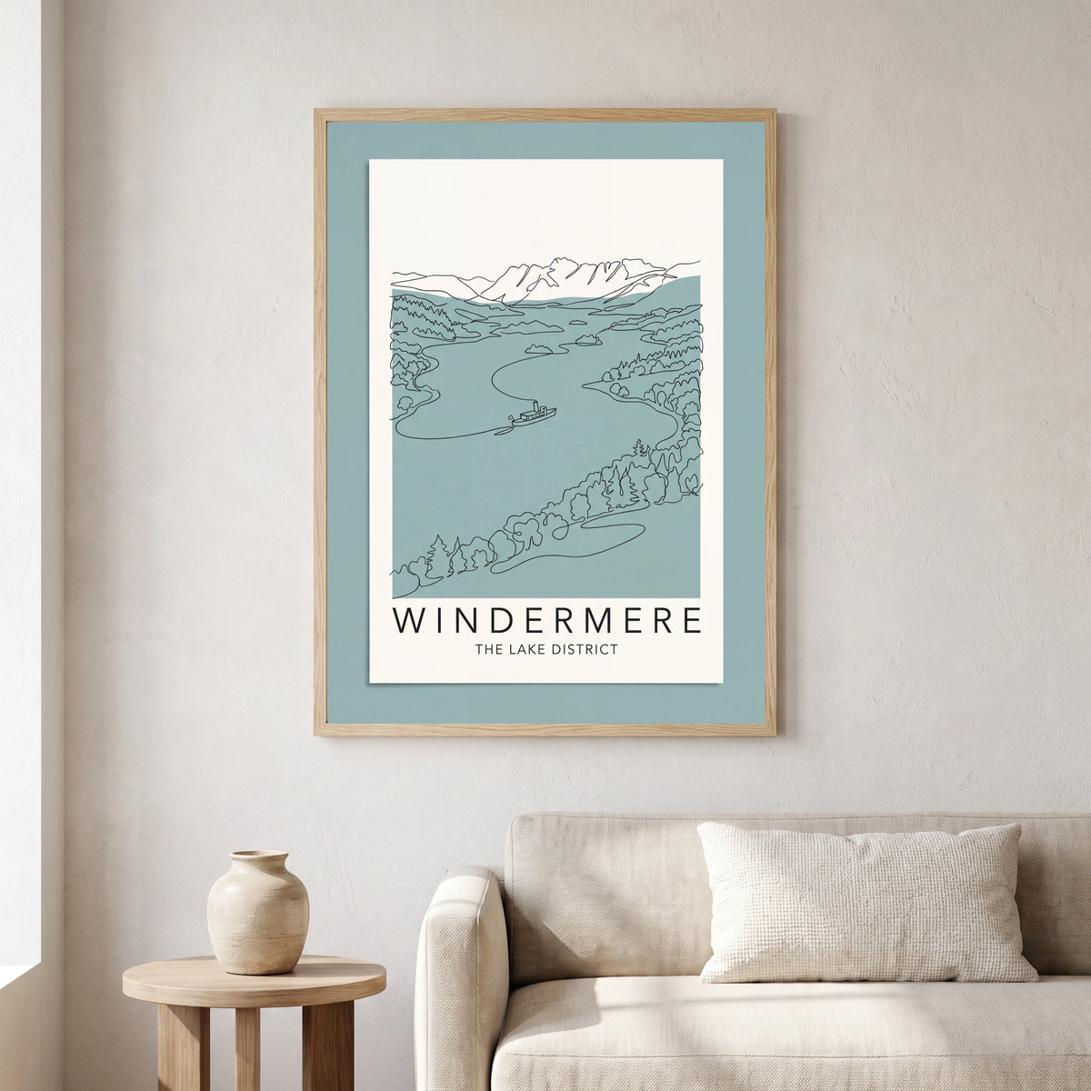 Windermere travel poster in a natural frame, hanging in a living
