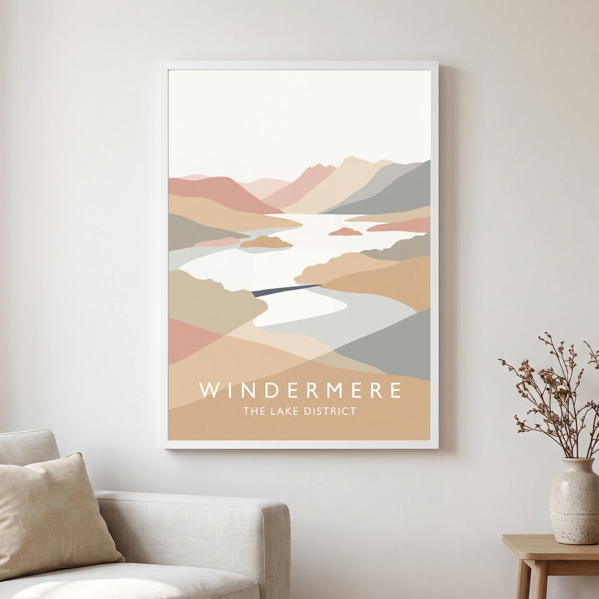 Windermere travel poster in a white frame, hanging in a living2