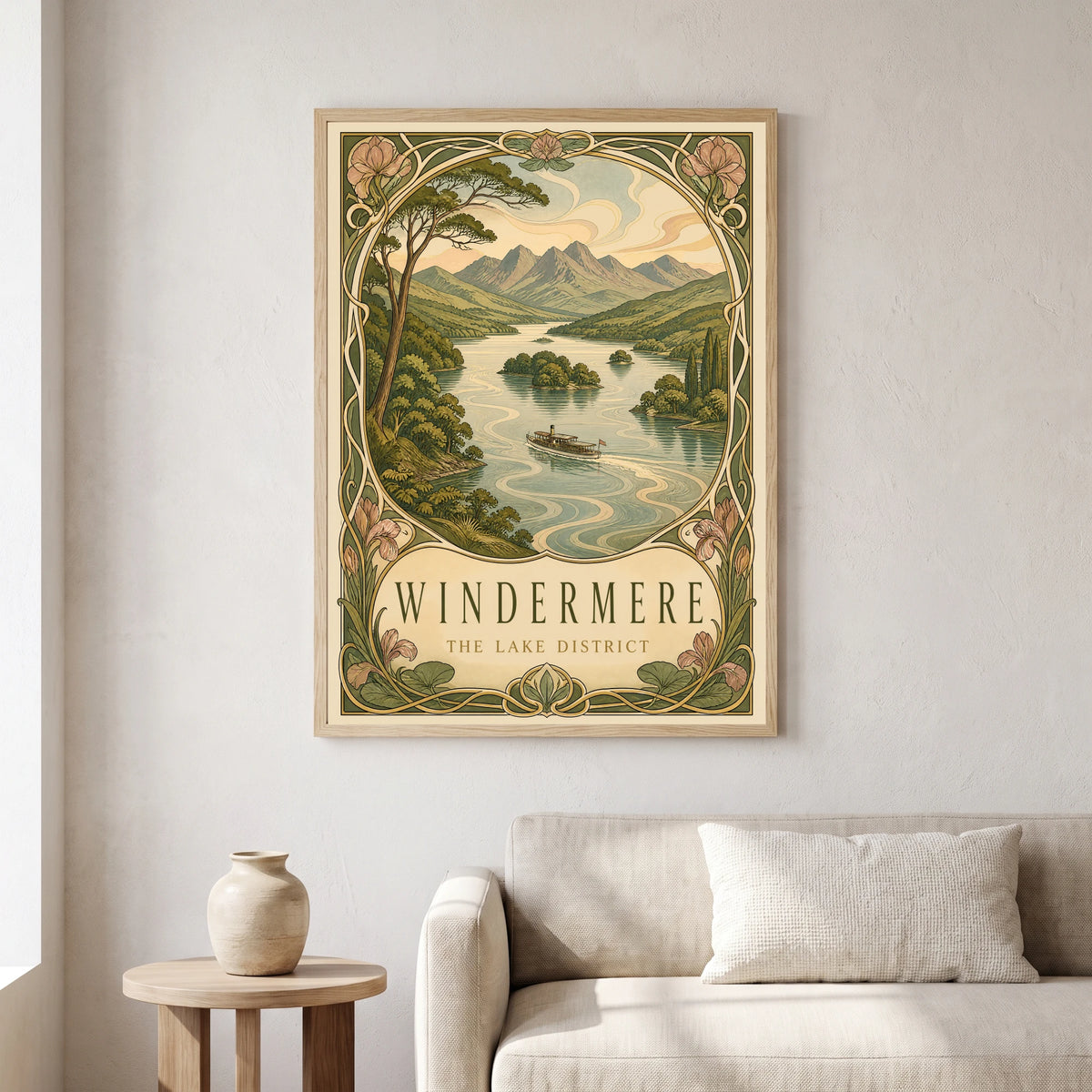 Windermere travel poster in a natural frame, hanging in a living