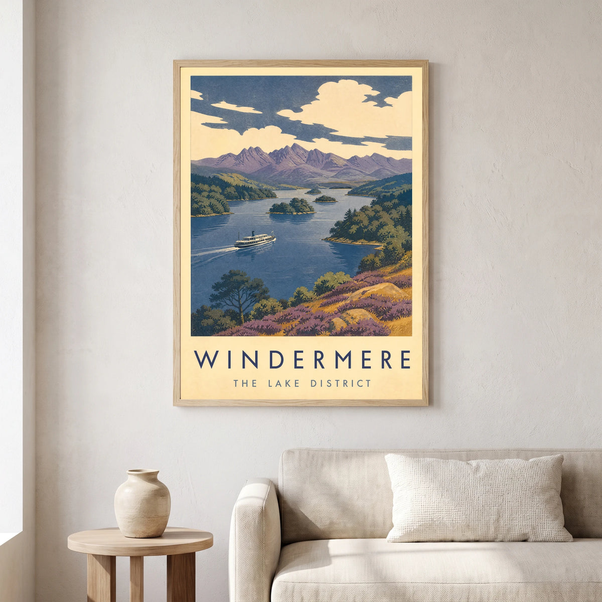 Windermere travel poster in a natural frame, hanging in a living
