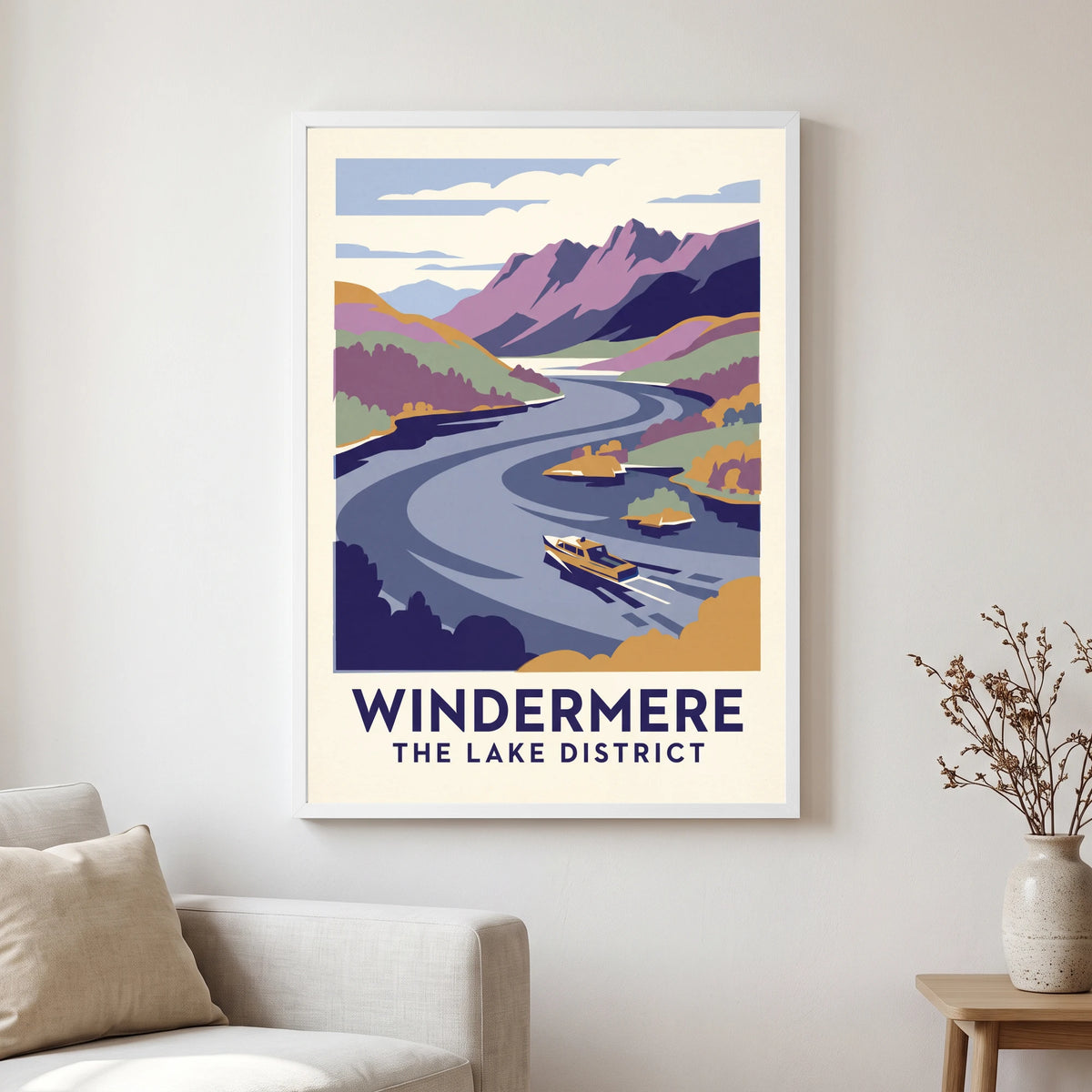 Windermere travel poster in a white frame, hanging in a living2
