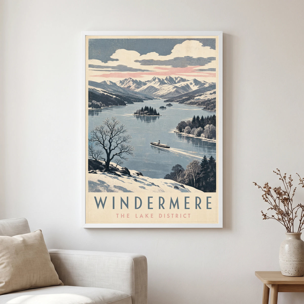 Windermere travel poster in a white frame, hanging in a living2