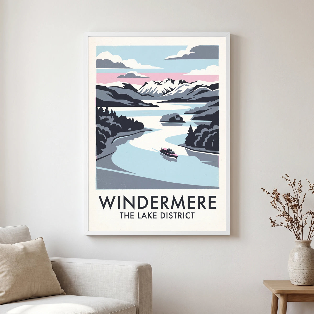 Windermere travel poster in a white frame, hanging in a living2