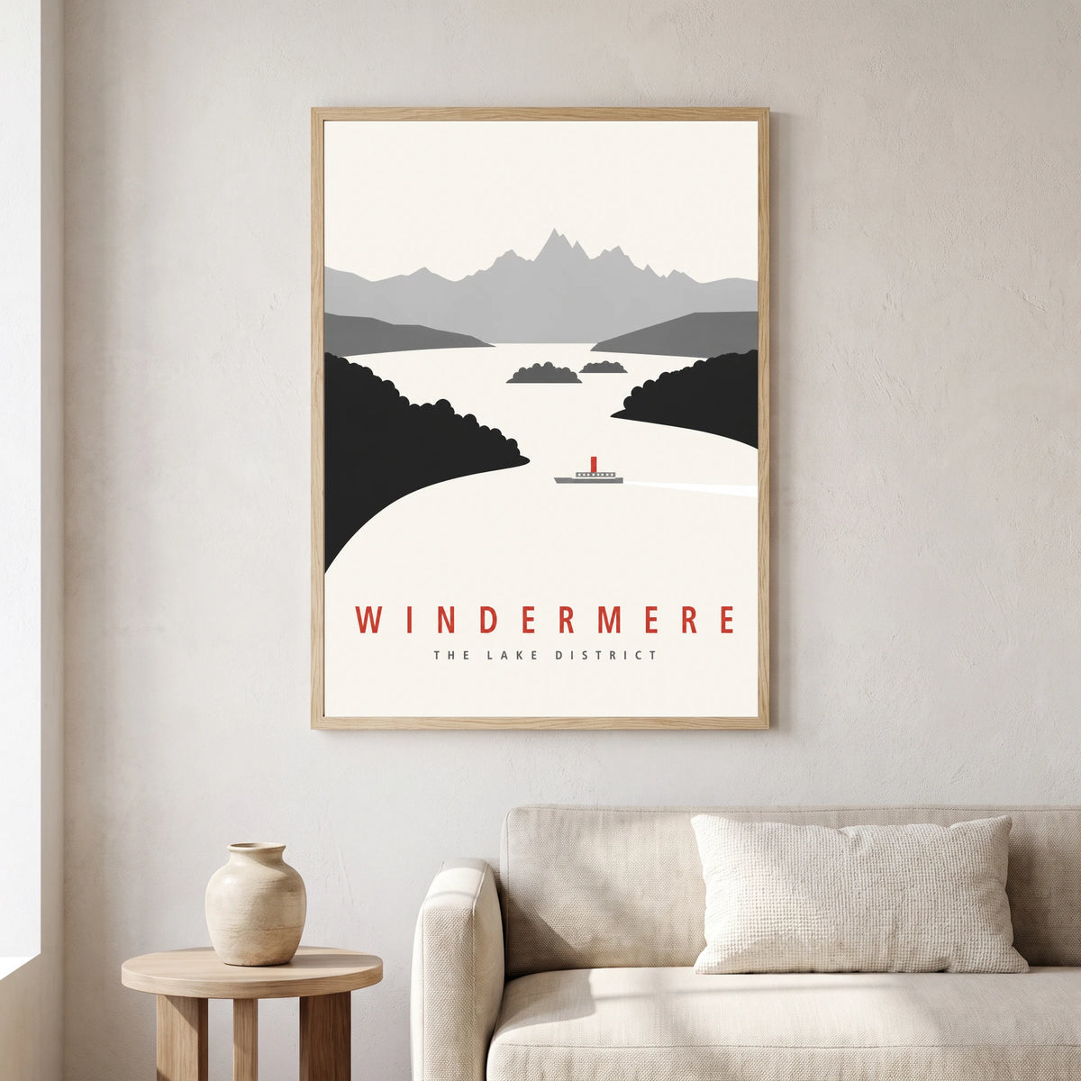 Windermere travel poster in a natural frame, hanging in a living