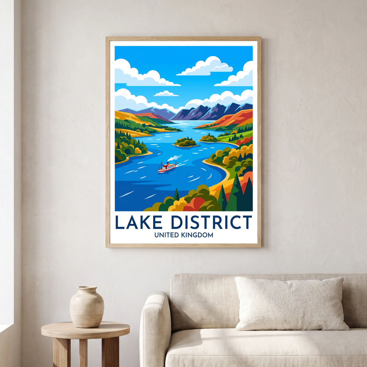 Windermere travel poster in a natural frame, hanging in a living
