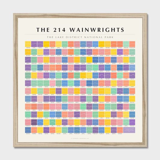 The 214 Wainwrights grid chart poster in Line Pastels, in a natural frame