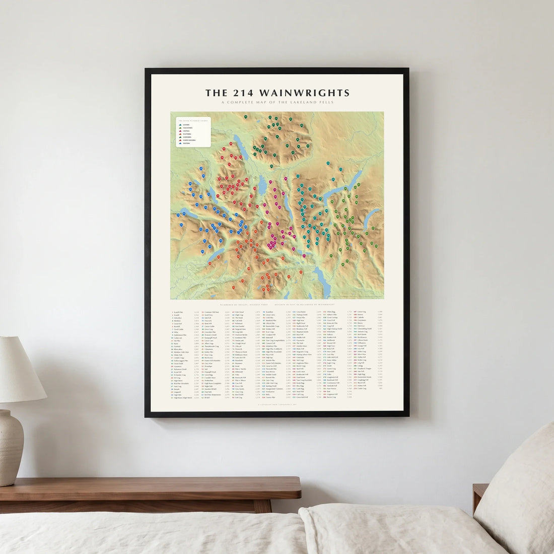 The 214 Wainwrights terrain map poster in a black frame