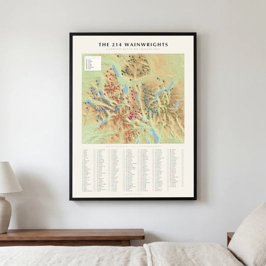 The 214 Wainwrights terrain map poster in a black frame