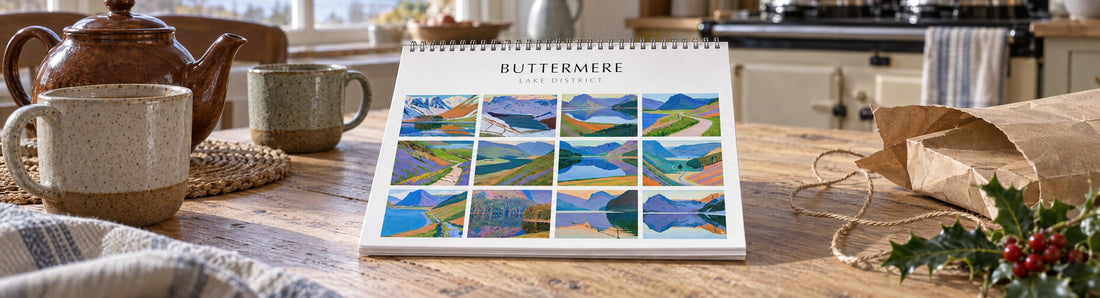 The Buttermere 2027 wall calendar on a farmhouse kitchen table beside a teapot, mugs and holly