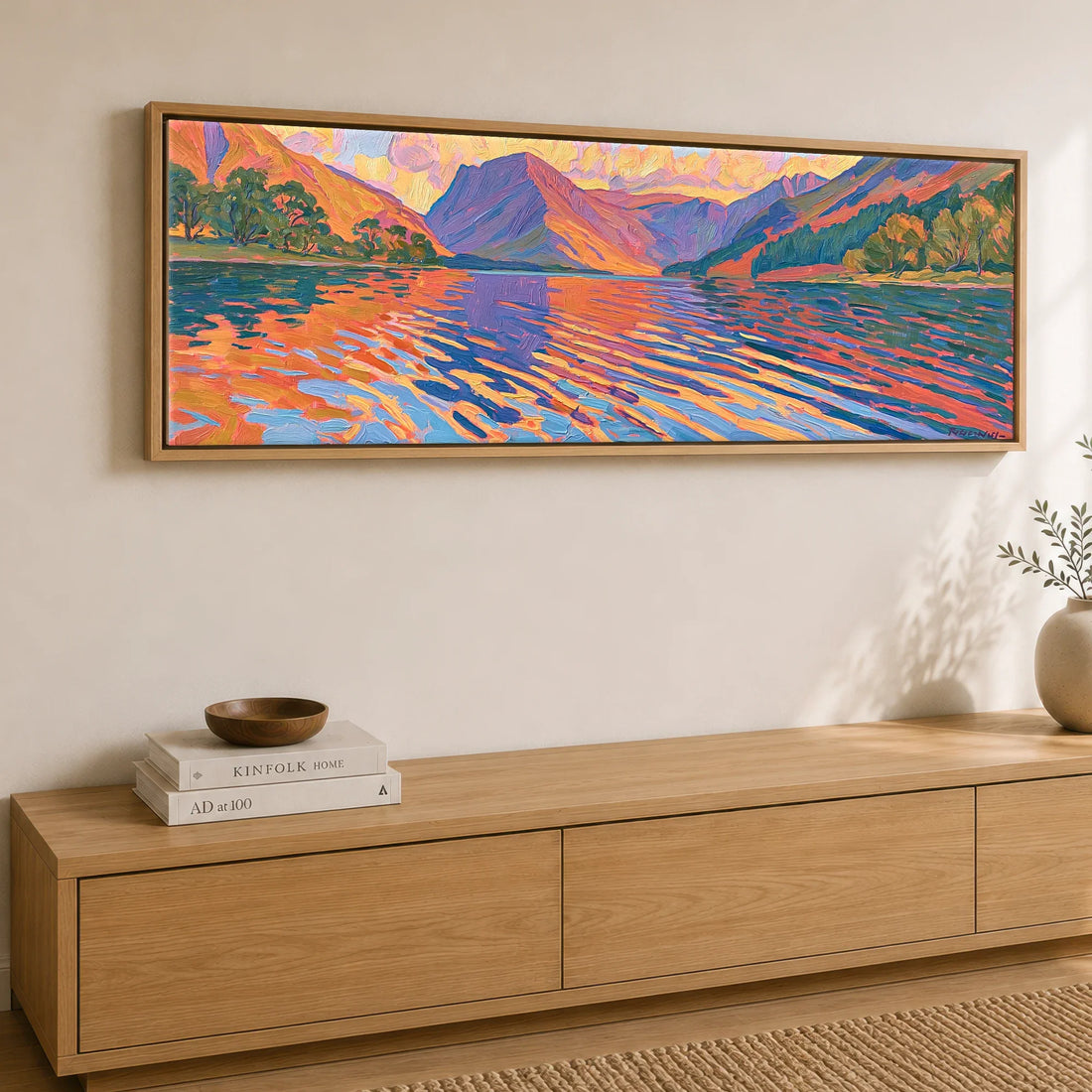 A panoramic Lake District canvas above a sideboard, three times wider than it is tall