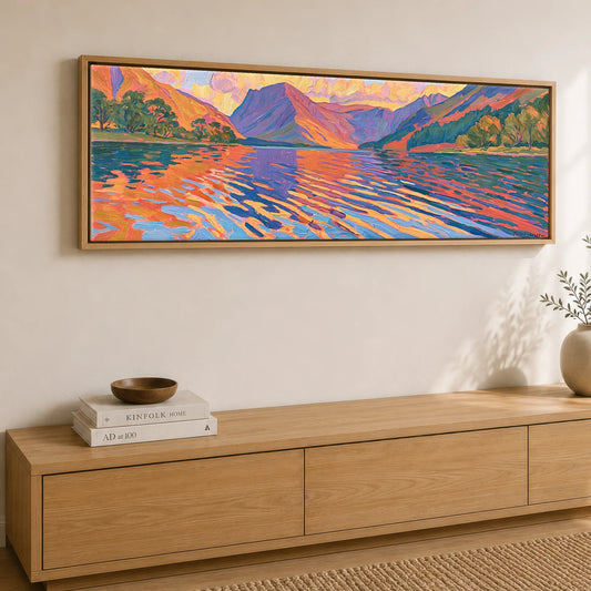 A panoramic Lake District canvas above a sideboard, three times wider than it is tall