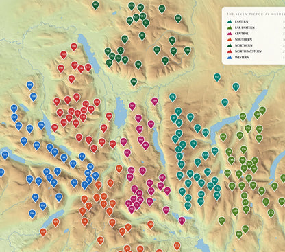 Detail of the relief map — every one of the 214 Wainwright summits pinned in its Pictorial Guide's colour