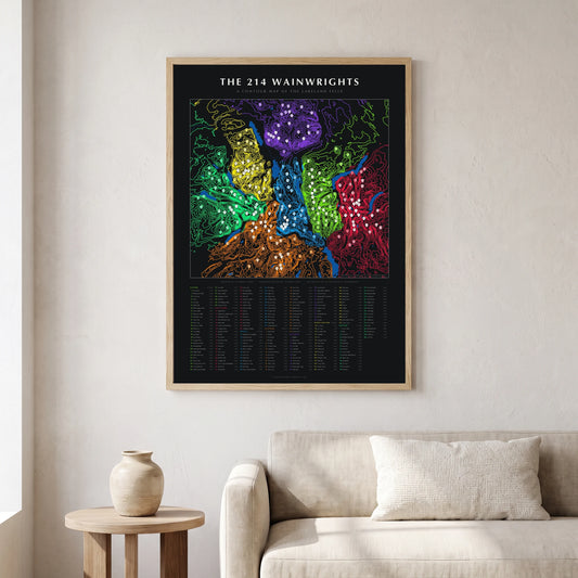 The 214 Wainwrights contour map poster in a natural frame, hung on a wall